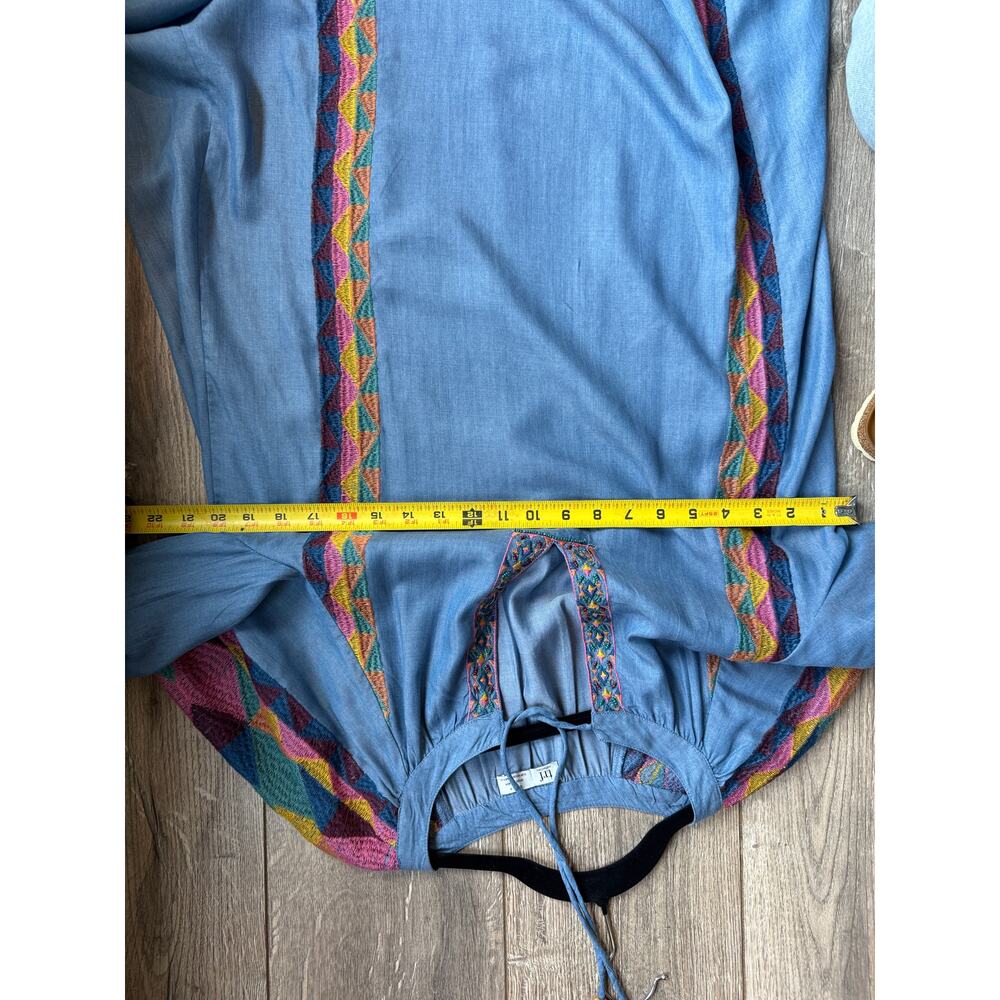 Zara TRF Embroidered Boho Tunic Top Blue Chambray Peasant Tassel Medium M Folk - Picture 7 of 8